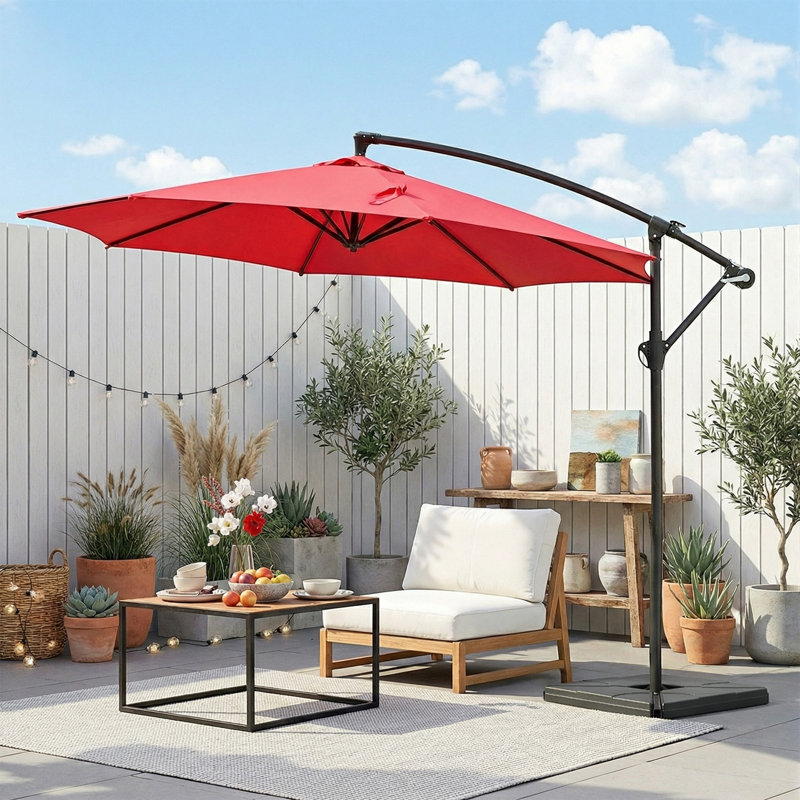 3 Piece Outdoor Patio Set with 10 Ft Cantilever Outdoor Umbrella with Base, Red