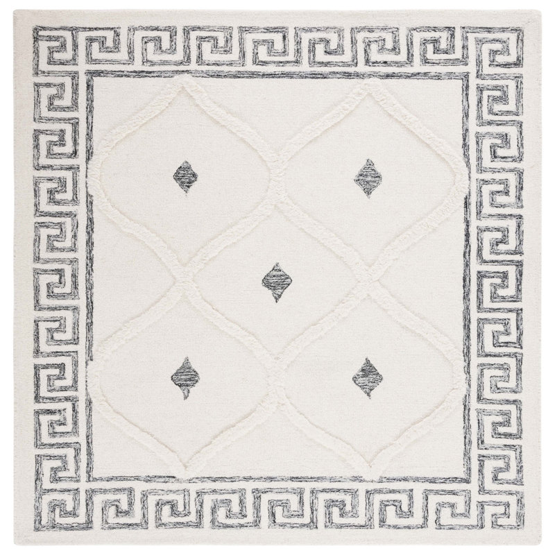 Dajanai Hand Tufted Wool/Cotton Geometric Rug in Black/Ivory, Square 6'