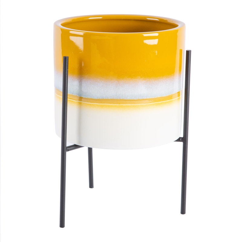 Nicola Spring - Reactive Glaze Plant Pot on Stand - 19cm, Yellow/Black