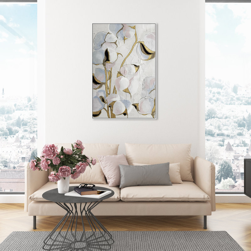 Tige dorée florale, fleurs de coton blanc moderne - peinture sur toile, H 45 po x l 30 po x P 1,75 po