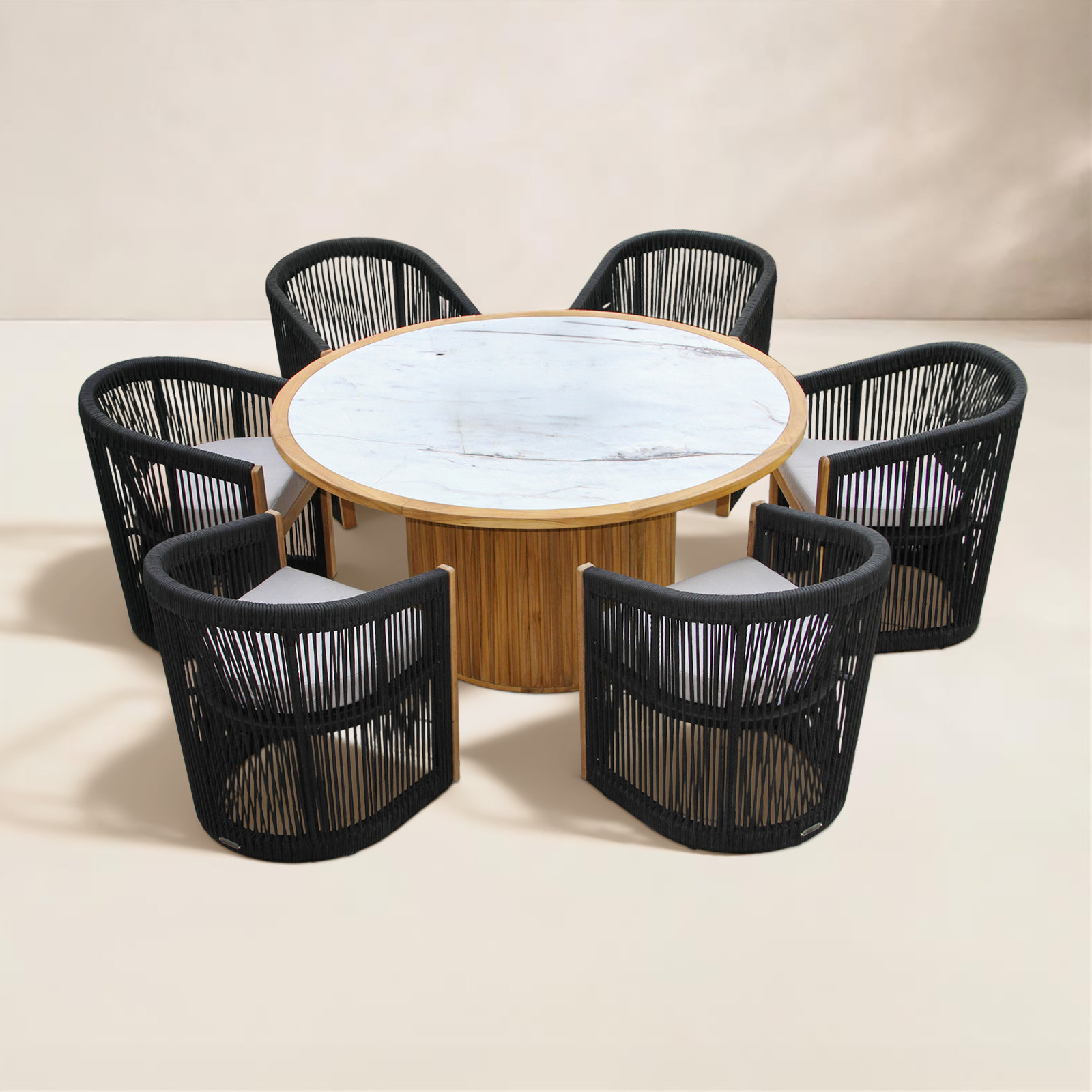 Aniston 7 Pc. Round Teak & Stone Dining Set With Black Rope Dining Chairs, Ivory