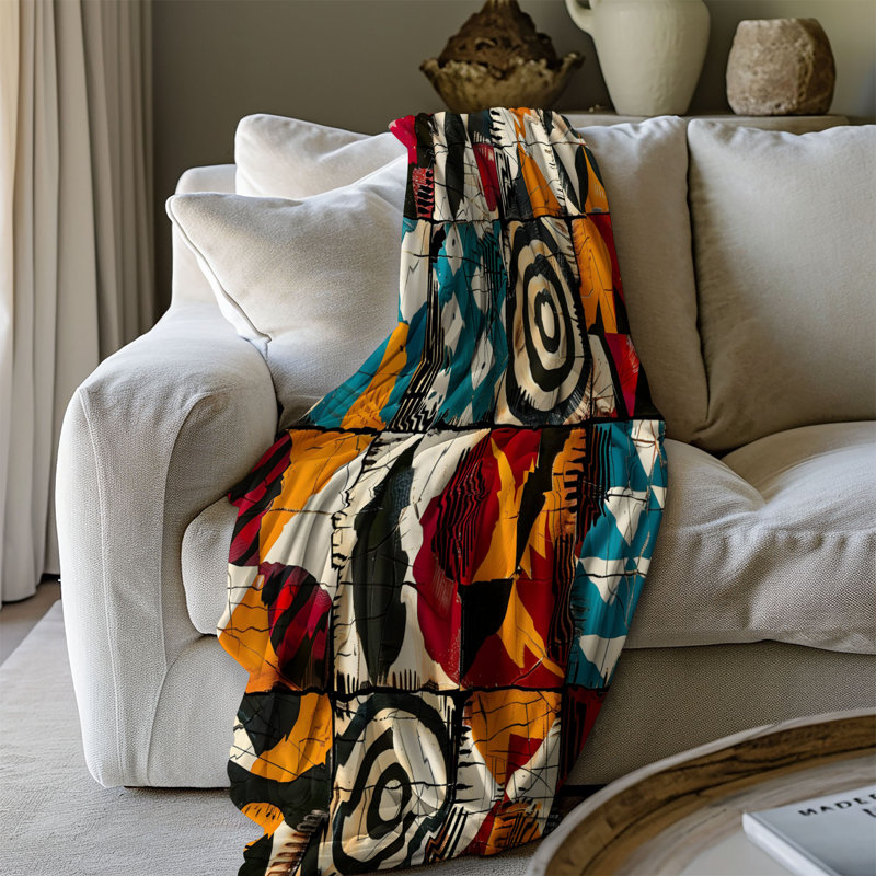 Ndebele Nuance - couverture en sherpa de qualité supérieure 1 pièce - reproduction d'art luxueuse, Lit simple