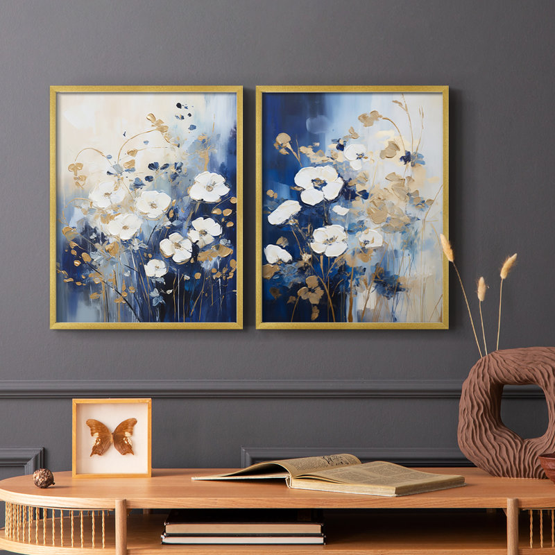FLORAL Series CCLXV-Premium Framed Print -Ready to Hang - No Nails Required - No Nails Required, Gold, 15" H x 24" W