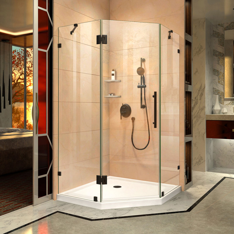 Prism Lux 42" x 74.75" Neo-Angle Hinged Shower Enclosure with Base Included, Matte Black/White