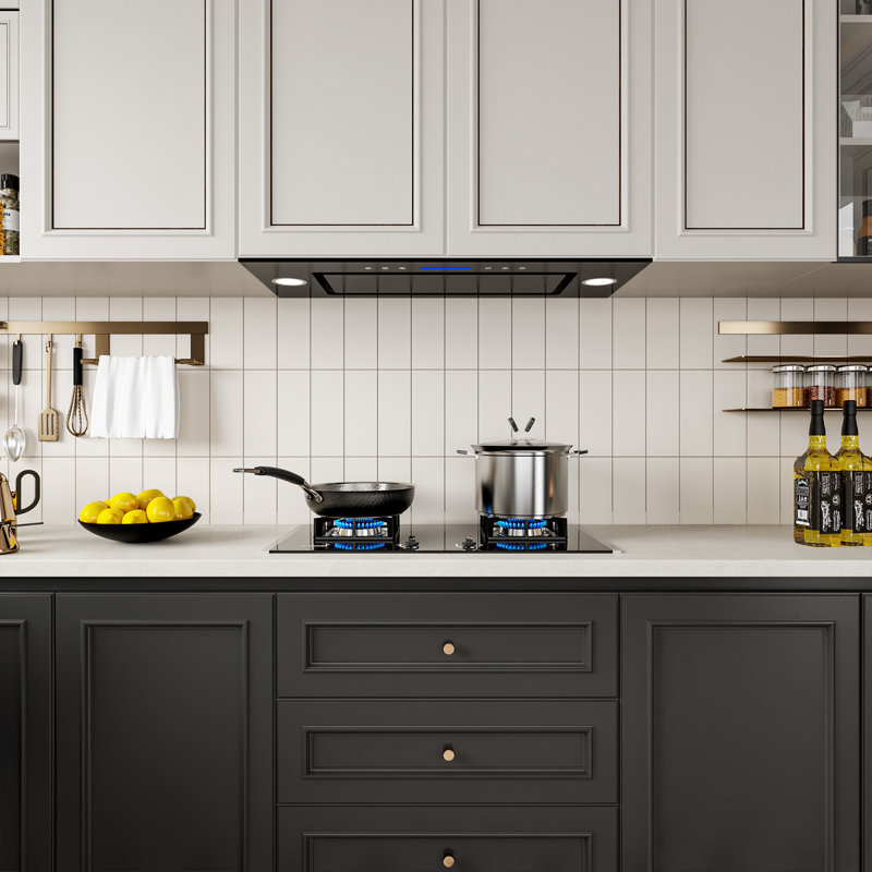 36 inch 900 CFM Convertible Insert Range Hood 4 Speed Quiet Black Tempered Glass Panel Push Button Control with LED Lights