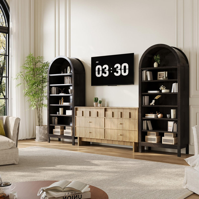 71" Tall Arched Bookcase, 7-Tier Freestanding Open Bookshelf with Adjustable Shelves for Living Room Office, Black