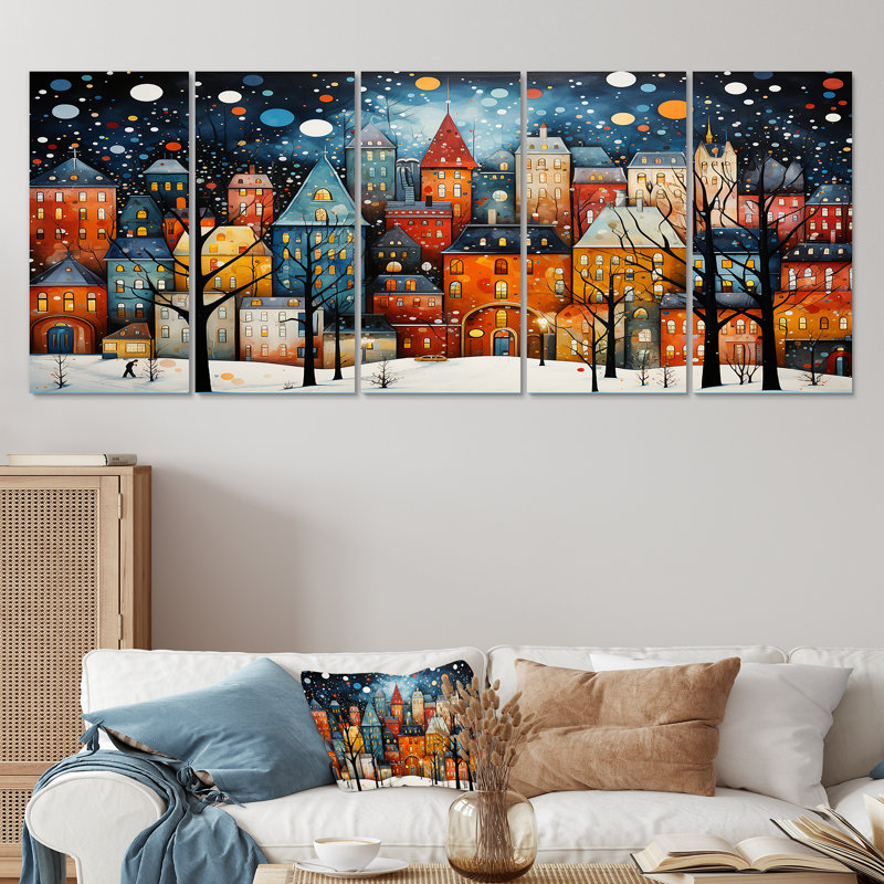 Art déco, village d'hiver, peinture II - Art déco sur toile 5 pièces, H 28 po x l 60 po