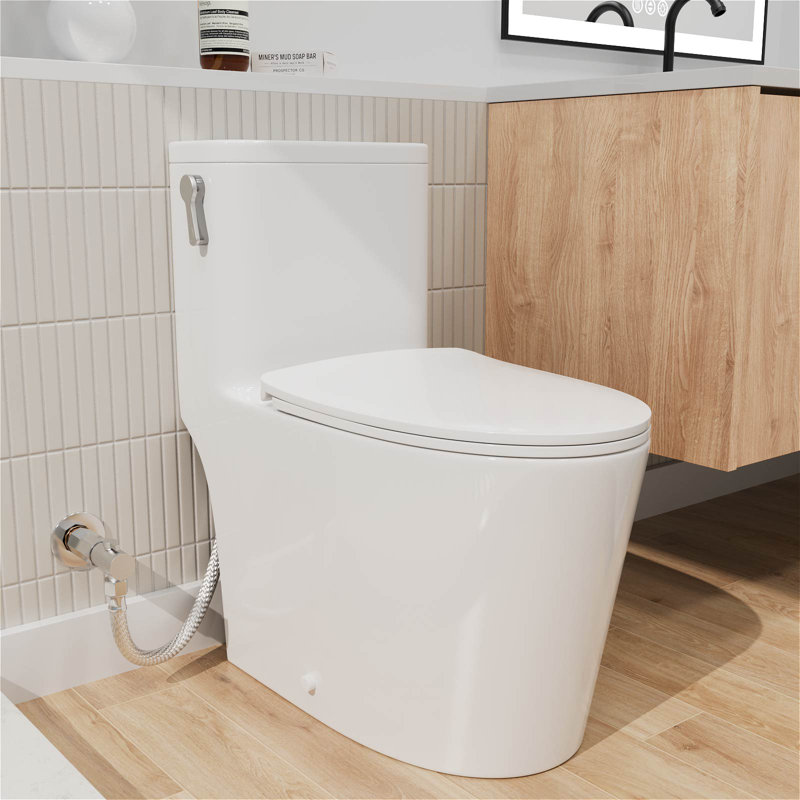 1.1/1.6 GPF Dual-Flush Elongated One-Piece Skirted Toilet (Seat Included), Glossy White, Left