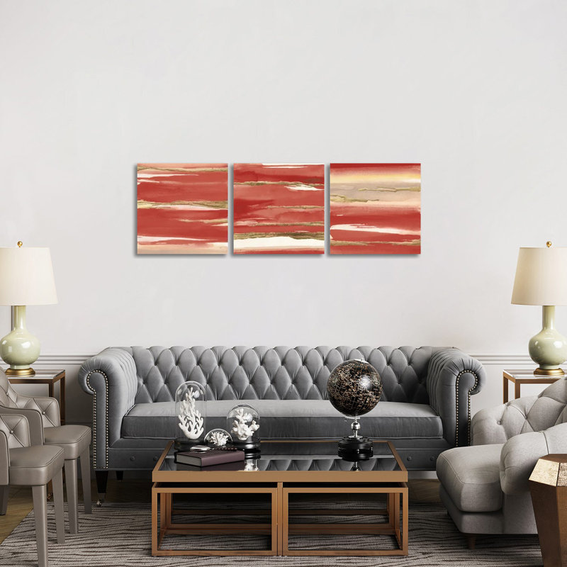 Triptyque rouge doré - ensemble d'art mural sur toile - toile tendue (ensemble de 3)