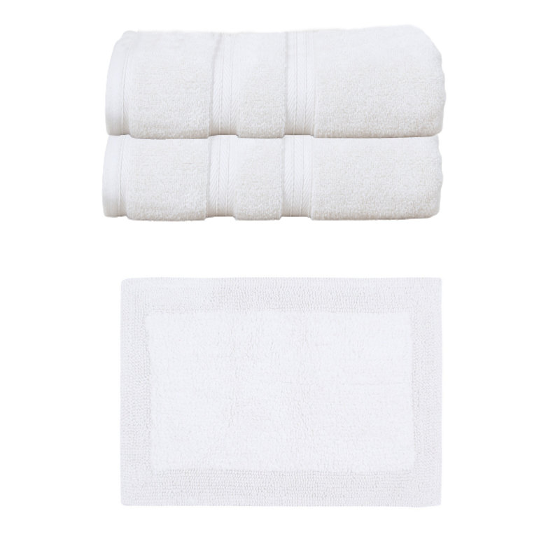Buariki Collection 100% Soft Cotton Bath Towel Set & 1 Pc Bath Rug, Reversible, White