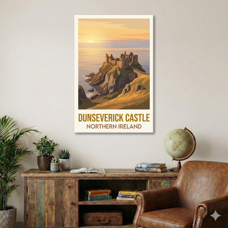 Dunseverick Castle, Northern Ireland - Coastal Ruins Travel Poster In Sunset Hues. Giclee Print On Wrapped Canvas. Wall Art, Home Decor - Castles & Palaces, Northern Ireland - Wrapped Canvas Print