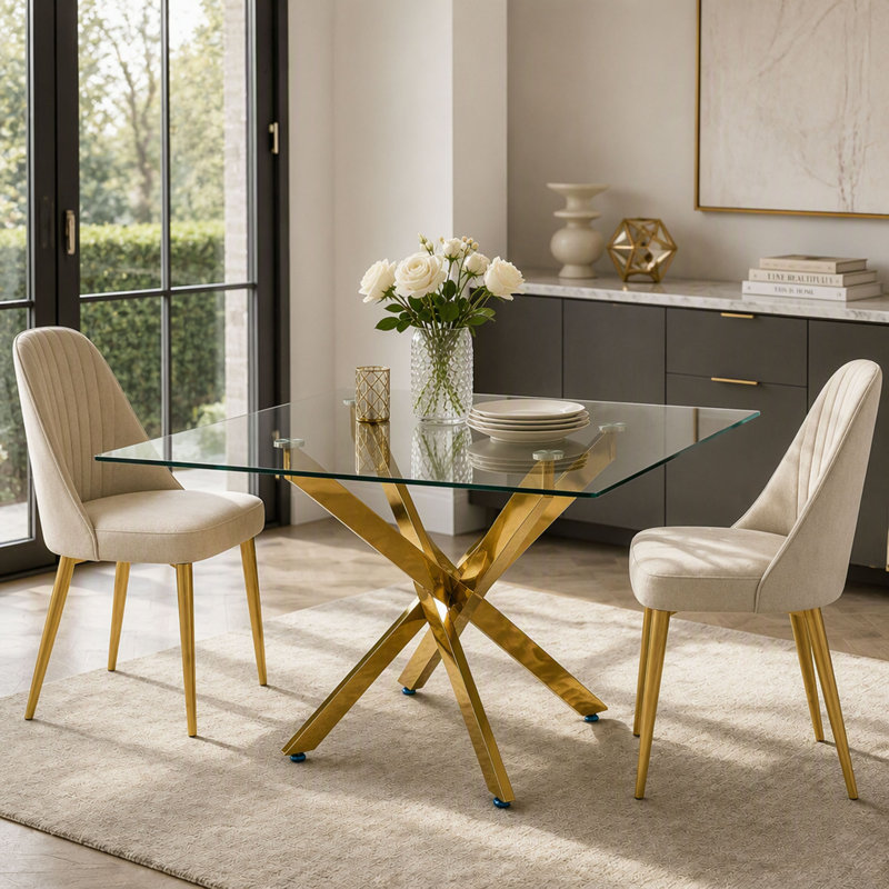 with Glass Base Dining Table, Transparent / Doré