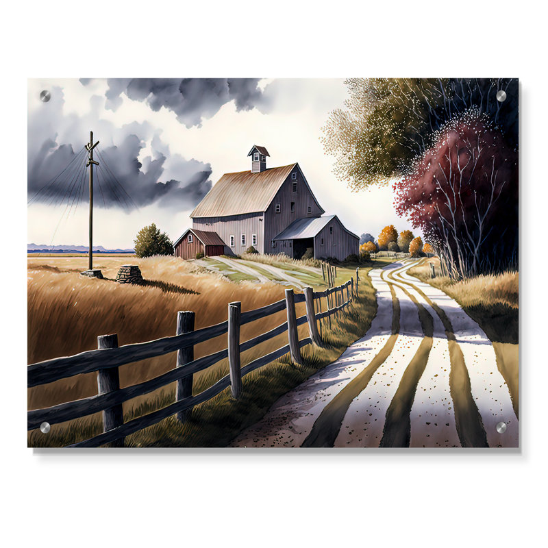Calm Red Barn In Spring VII - Barn Landscape Acrylique, art mural, H 12 po x l 20 po