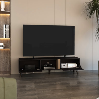 63" Tv Stand For Entertainment Purposes, Two Pull-Down Cabinets - Black Oak Wide Living Space, And Design