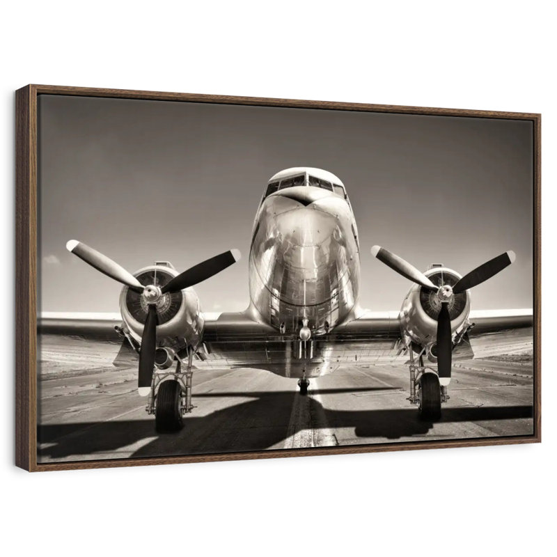 Avion rétro noir et blanc, Cadre flottant noyer, 31 po x 21 po