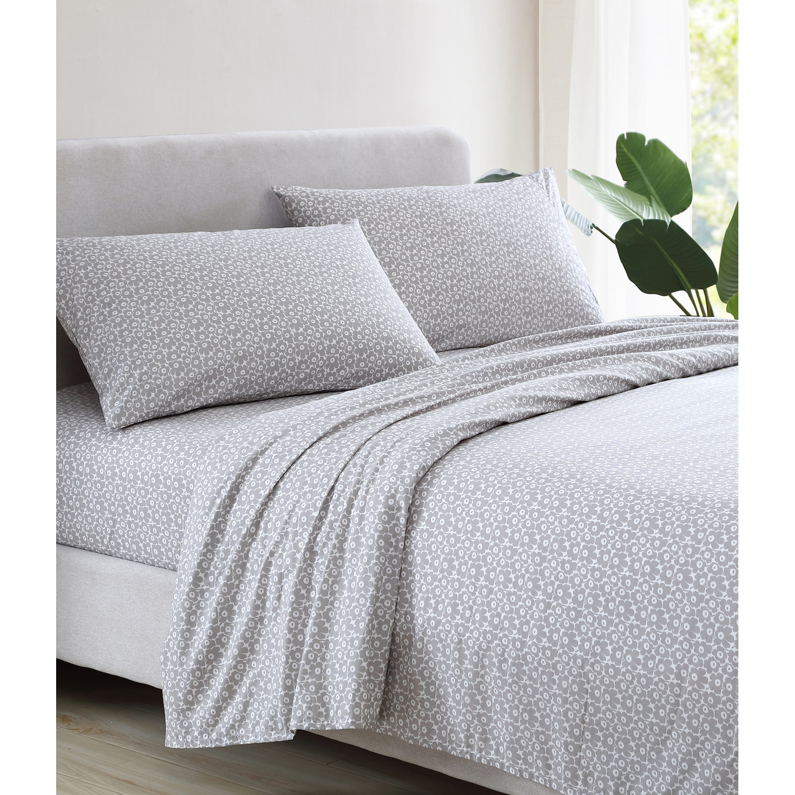 Mini Unikko 200 Thread Count 100% Cotton Sheet Set , King Sheet Set with 2 King Pillowcases, Pikkuinen Unikko Grey