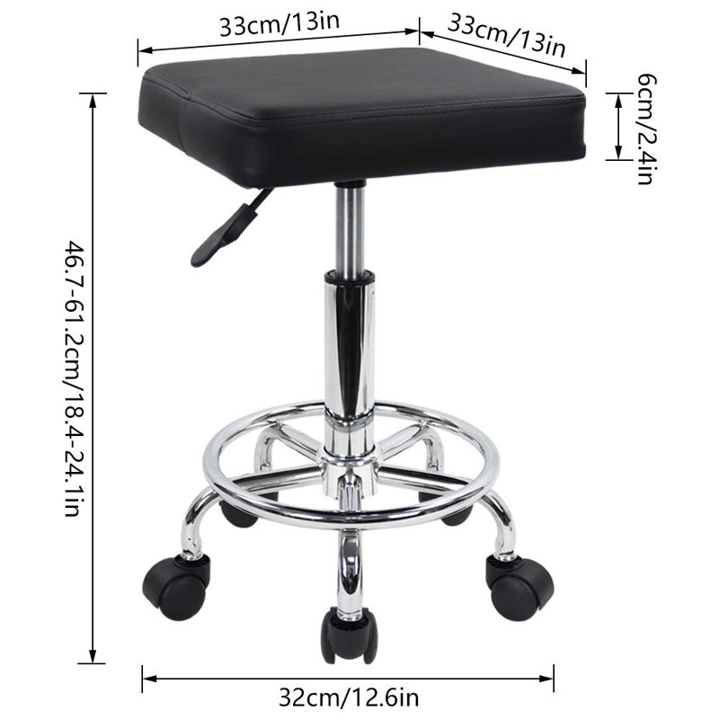 Petit tabouret à roulettes réglable en hauteur avec repose-pieds, Noir