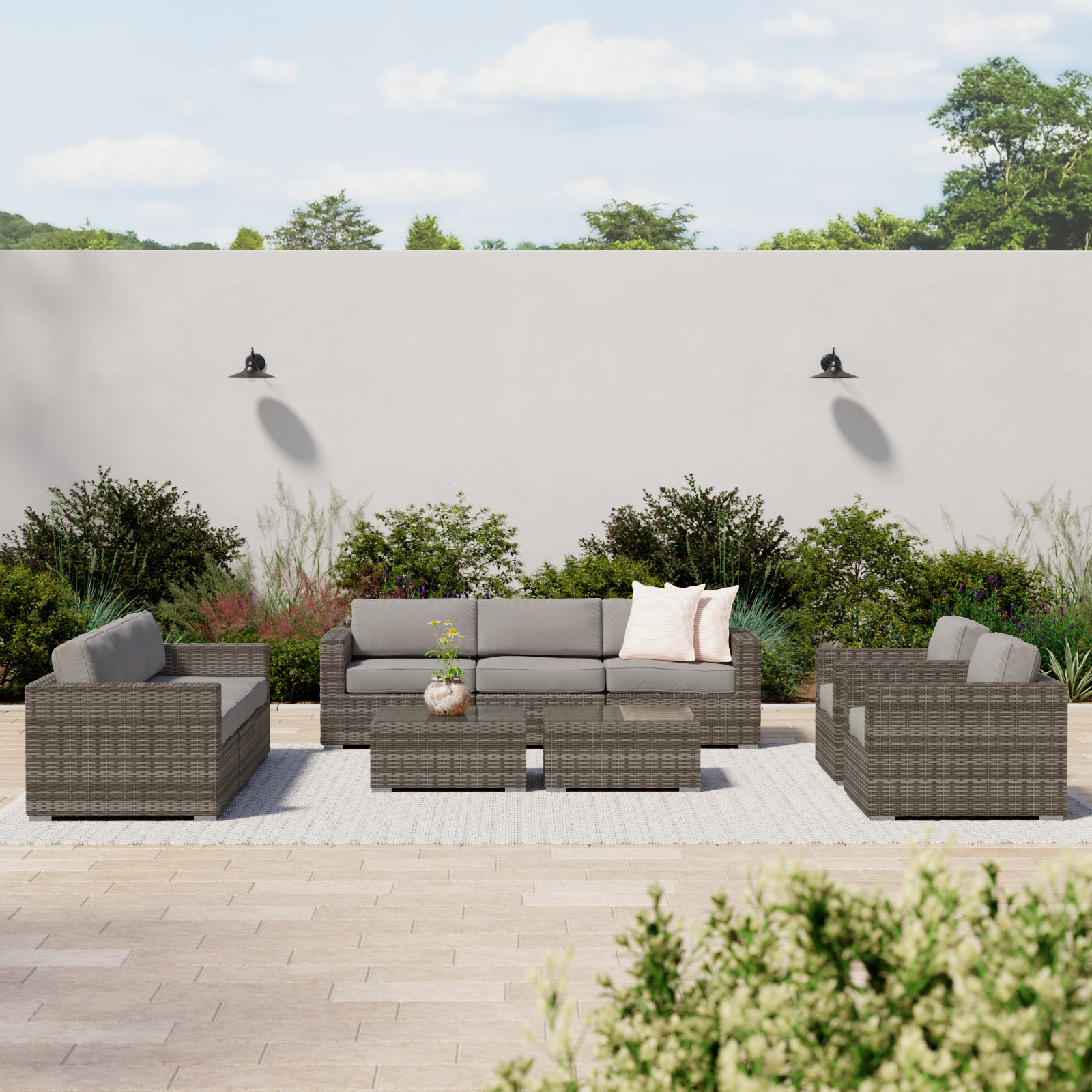 Franke Wicker 8 Person Seating Group, Canvas Charcoal Sunbrella® Canvas, Gray