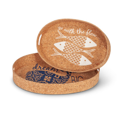 Assortiment de plateaux ovales en liège enveloppés de métal avec motifs de poissons sur plateau (ensemble de 2)