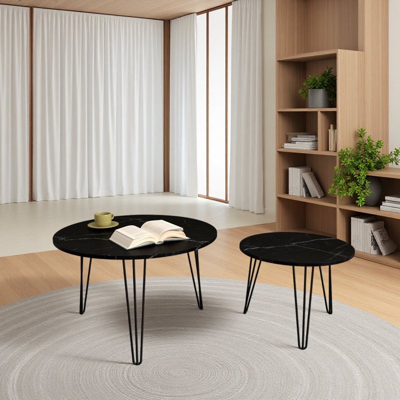 Ensemble de 2 tables basses gigognes rondes de 27,56 po, ensemble de tables de bout gigognes circulaires, plateau de table rond en marbre et base en métal robuste pour le salon et la chambre à coucher