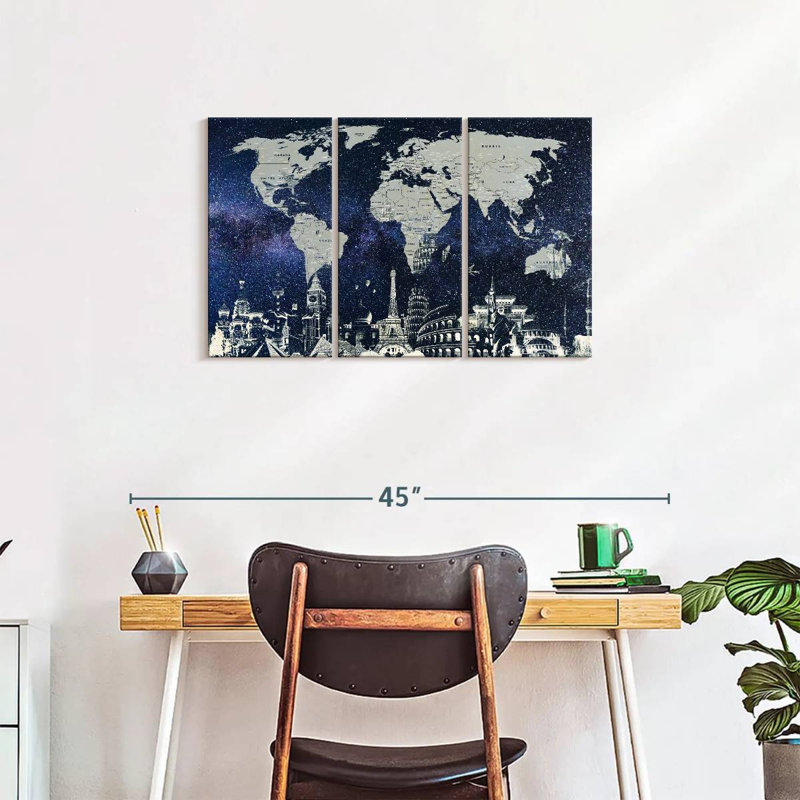 Carte du monde étoilé 3 pièces, H 33 po x l 20 po x P 1,25 po