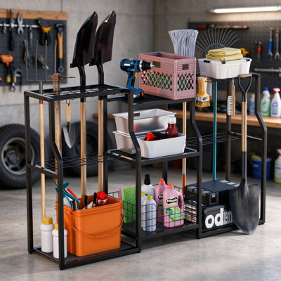 Heavy Duty Freestanding Garden Tool Storage Rack with 34 Slots, Hooks & Storage Basket, Metal Yard Tool Organizer for Garage & Shed