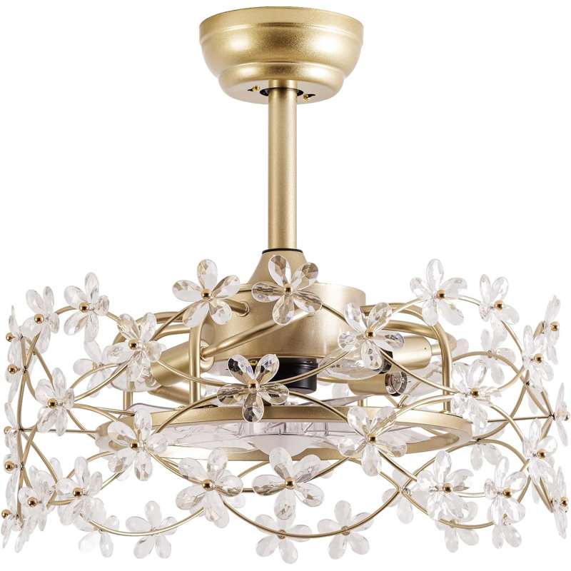 20" Gold Fandelier Ceiling Fan With Light, Flower Crystal Chandelier Ceiling Fan With Light And Remote Control, Modern Caged Enclosed 6 Speeds For Girl's Bedroom, Nursery, Living Room