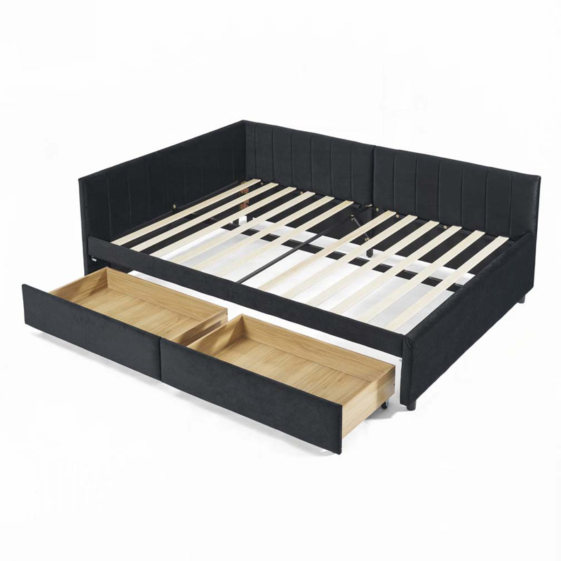 Velvet Upholstered Tufted Bed Frame with Two Drawers, Black