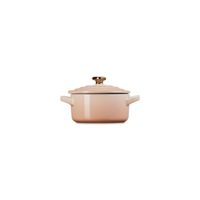 Le Creuset Stoneware Classic Round Mini Cocotte 8 Oz White Heart Gold Knob