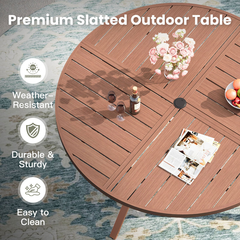 7-Pieces Round Patio Dining Set With Stackable PVC-coated polyester Chairs, Brush Wood Brown/Brown