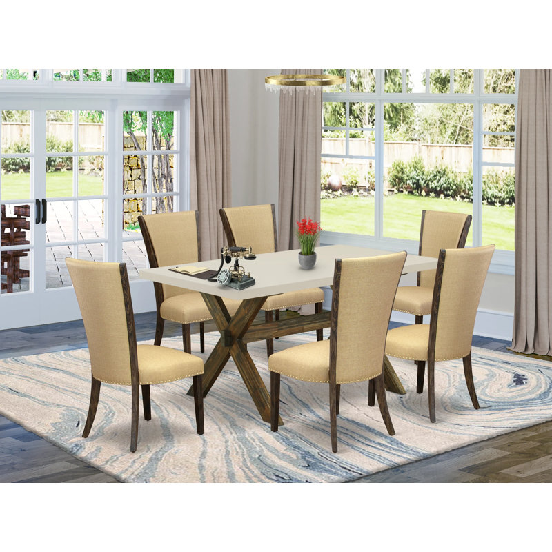 7 Piece Kitchen Table Set Consist of a Rectangle Dining Table with X-Legs and 6 Brown Linen Fabric Parsons Dining Chairs, Distressed Jacobean