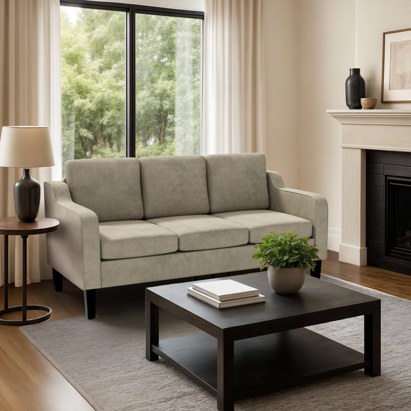 64" Mid-Century Modern 3-Seater Sofa 4" Wide Arc-Notched Armrests Compact Design, Beige