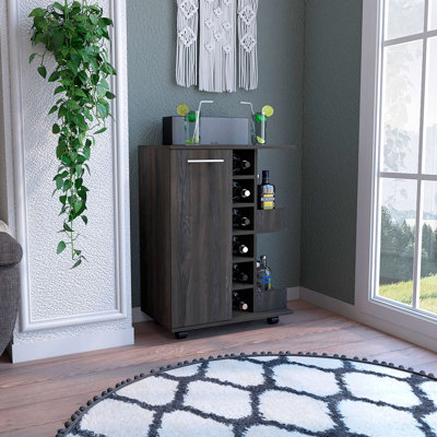 Bar Cart, Two External Shelves, Four Casters, Six Built-In Wine Rack, Single Door Cabinet