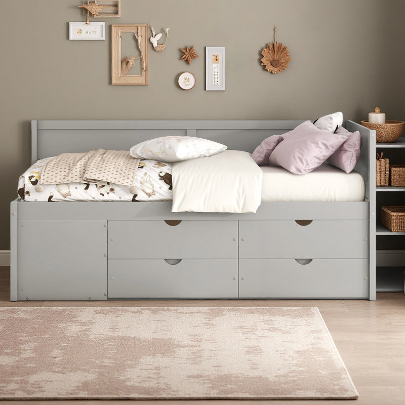 Lit de jour avec tiroirs et tablettes, Gris, Lit simple