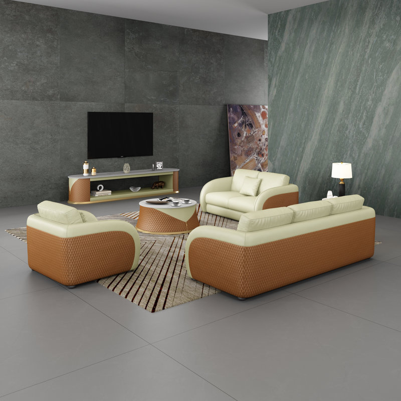Noir 3 - Piece Living Room Set, Beige/Cognac Genuine Leather