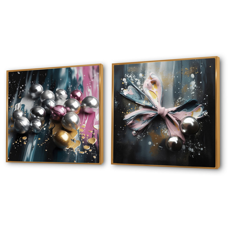 Glam rose et formes argentées - ensemble de 2 collages Fashion Square, Cadre flottant doré, H 30 po x l 61 po