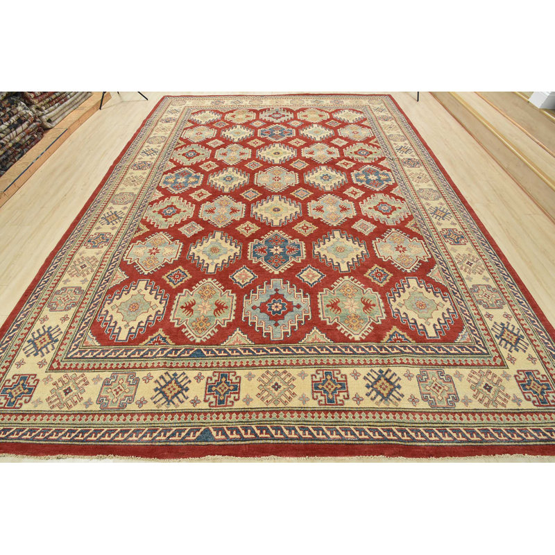 Tapis géométrique en laine noué à la main rouge / bleu / beige
