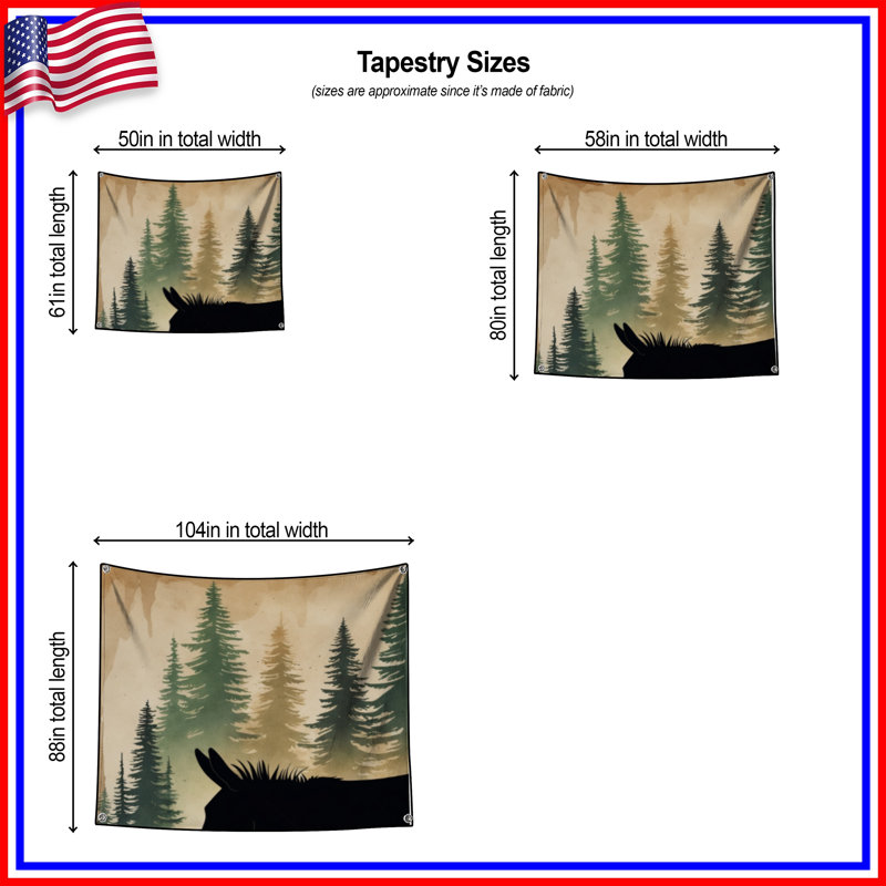 Tapisserie d'âne silhouette de forêt - décoration murale âne, H 50 po x l 60 po avec 4 œillets