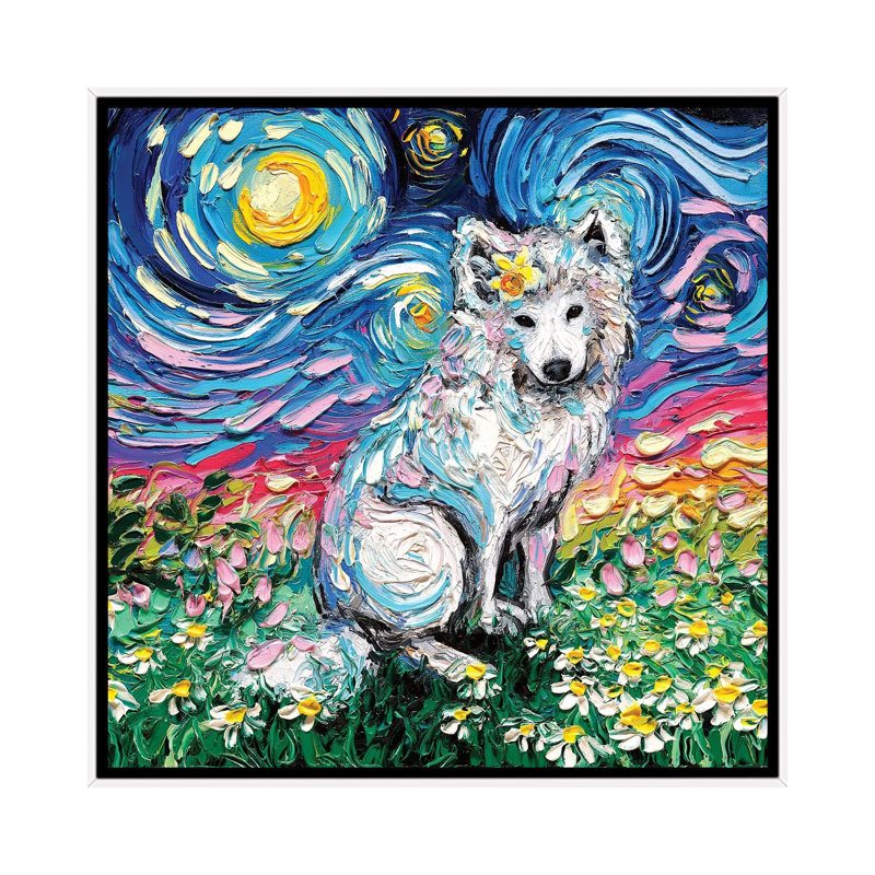 Reproduction d’art « Samoyède II » par aja Trèves, Pas de tapis, H 18 po x l 18 po x 1,5 po, Toile blanche encadrée