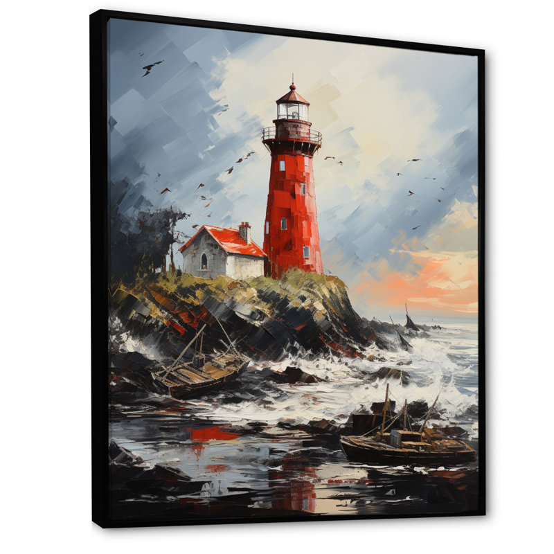 Impression sur toile «Red Beach Lighthouse Guiding - Cityscapes», H 20 po x l 12 po x P 1 po, Cadre flottant noir