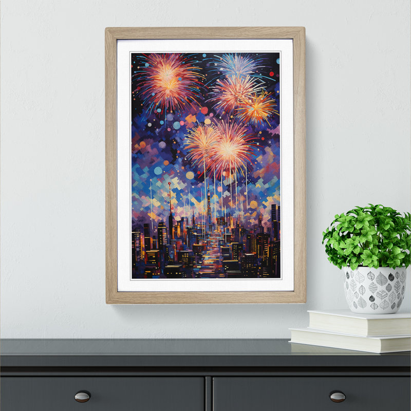 Fireworks Hard Edge - Single Picture Frame Print on Wood, Oak, 46cm H x 34cm W x 2cm D