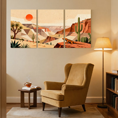 Paysage et nature, paysage désertique avec cactus et lézard, ensemble de 3 impressions sur toile