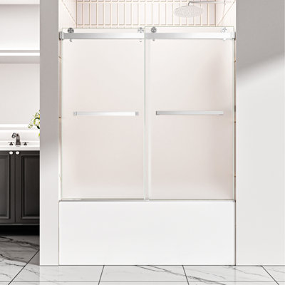 60" W x 60" H Brushed Nickel Frameless Double Sliding Shower Door, Bathtub Door, 5/16" (8mm) Frosted Ultra-Clear Nano-Coated Tempered Glass