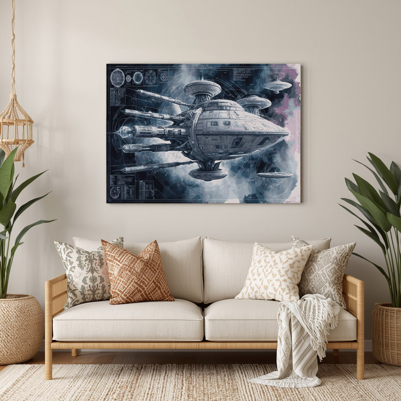Space Spacecraft Blueprint Designs, art mural en métal bleu