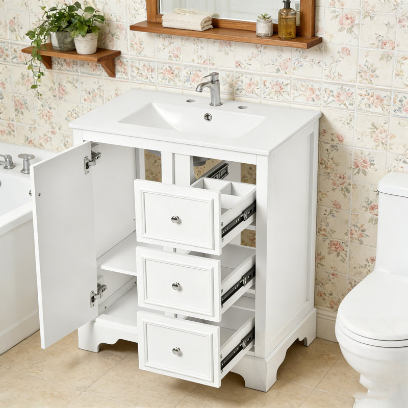Meuble-lavabo avec lavabo, 3 tiroirs et tablettes réglables, Blanc