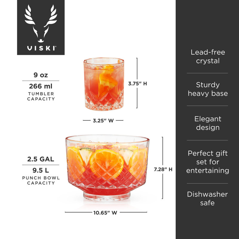Admiral Clear Lead-Free Crystal Punch Bowl Set with 8 Tumblers