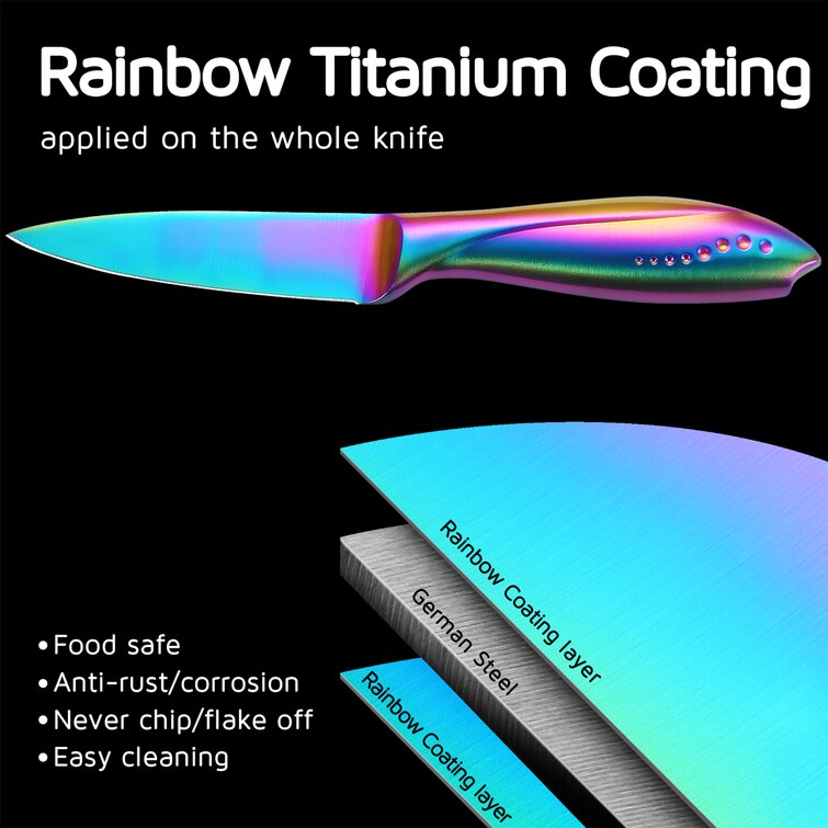 WELLSTAR Paring Knife 3.5 inch, Razor Sharp German Steel Blade and Comfortable Finger Guard Stainless Steel Handle with Rainbow Titanium Coating Wells