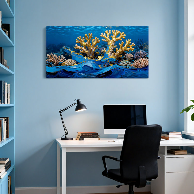 Scène de récif de corail sous-marin avec décorations dorées, H 28 po x l 58 po