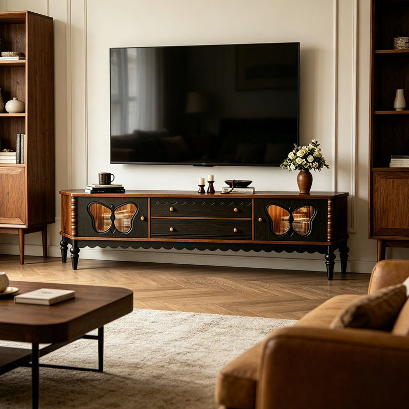 Meuble télé rétro avec portes en verre, H 22,04 po x L 86,61 po x l 15,74 po, Noir / brun