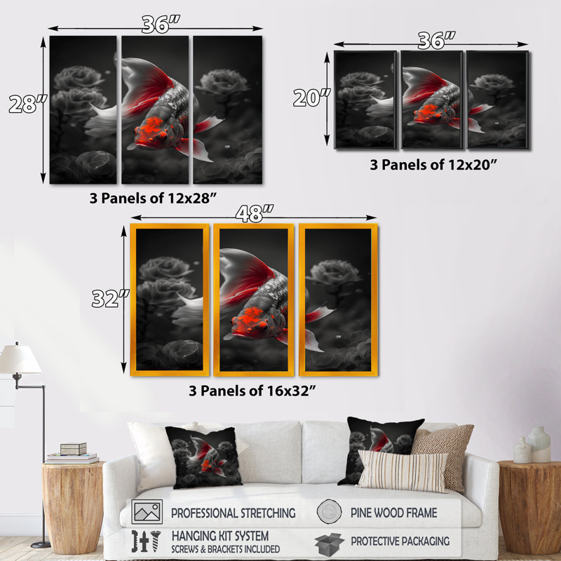 «Black and Red Tropical Fish IV», reproduction sur toile 3 pièces, H 28 po x l 36 po x P 1 po, Toile à cadre flottant noir